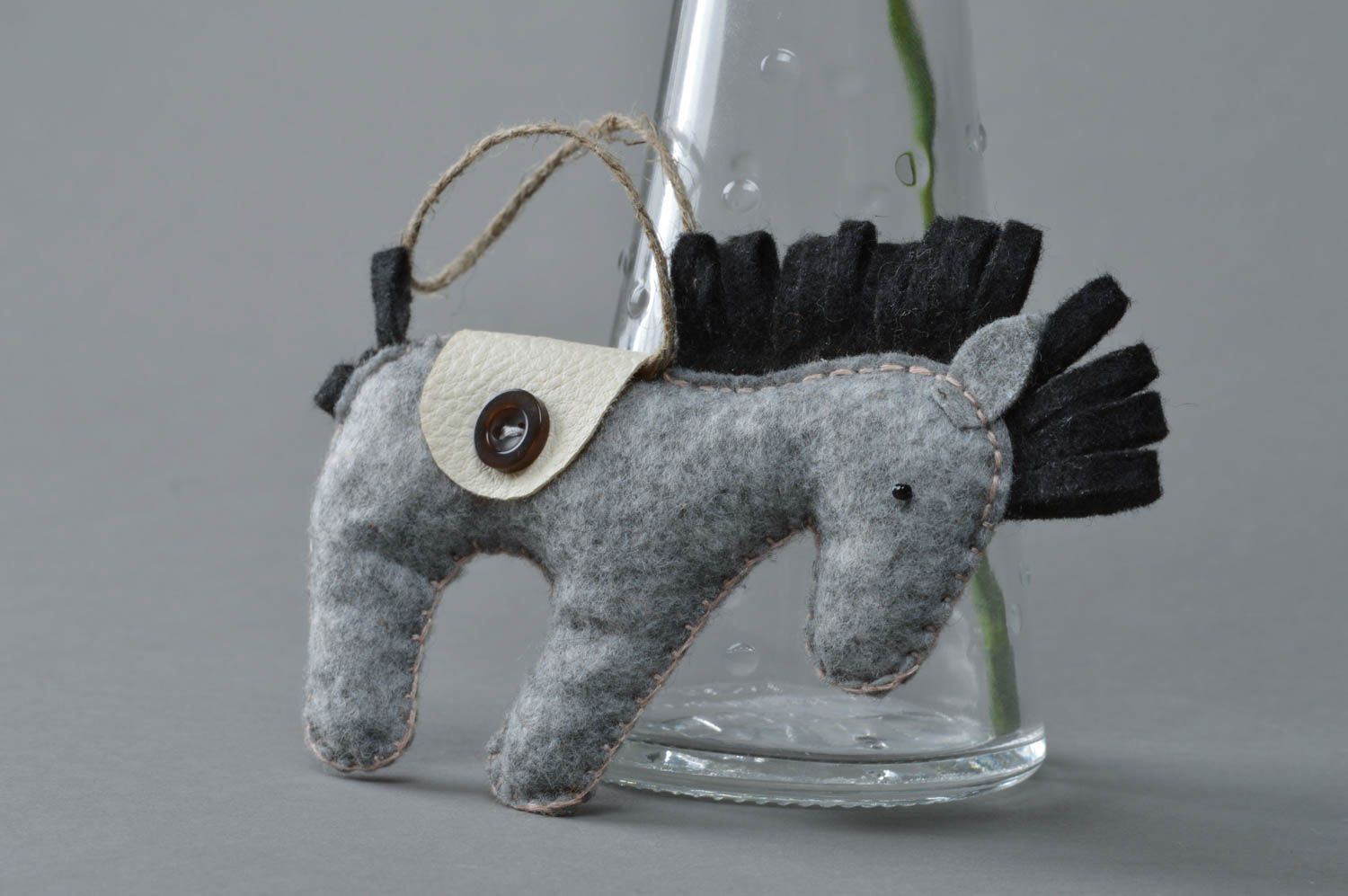 Handmade small designer interior soft toy gray felt horse with eyelet for decor photo 2