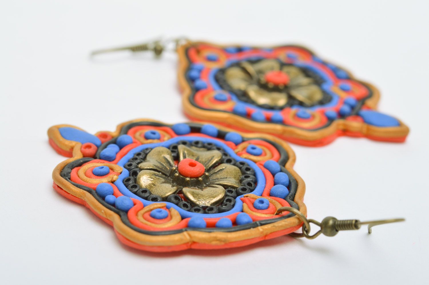 Stylish handmade massive polymer clay earrings with ornament in Orient style photo 5