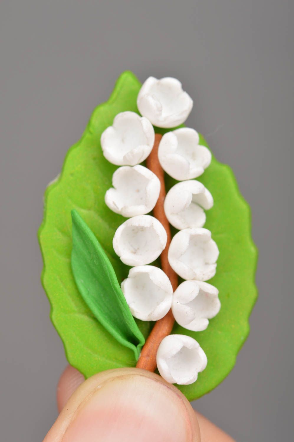 Handmade designer brooch with white polymer clay snowdrop flowers and leaf photo 2