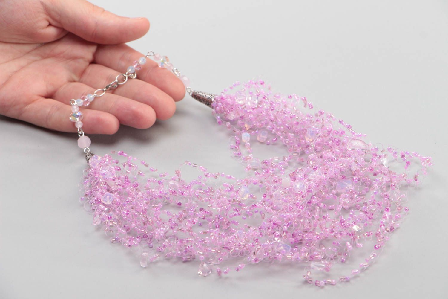 Handmade cute pink necklace light beaded accessory stylish light jewelry photo 5
