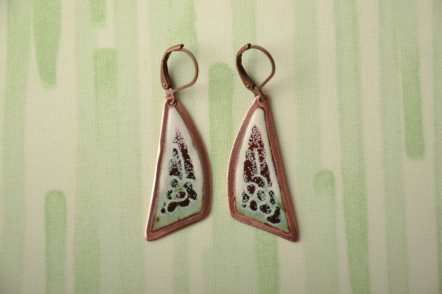 Long copper earrings painted with enamels photo 1