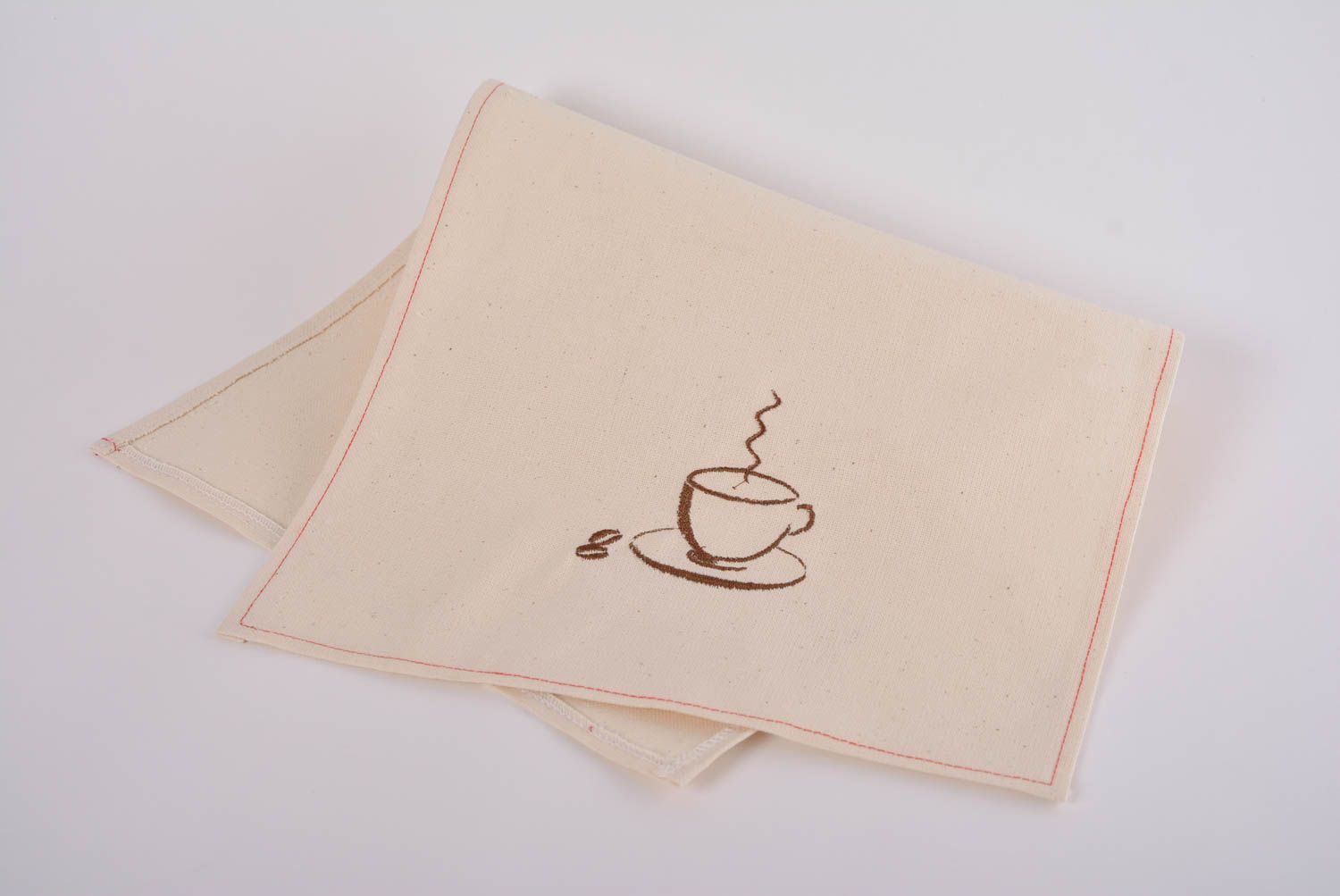 Serviette de table brodée en mi-lin rectangulaire faite main Tasse de café photo 1
