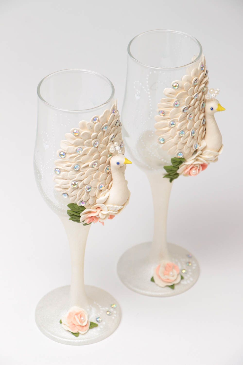 Handmade designer decorative wedding glasses white peacocks set of 2 items photo 2