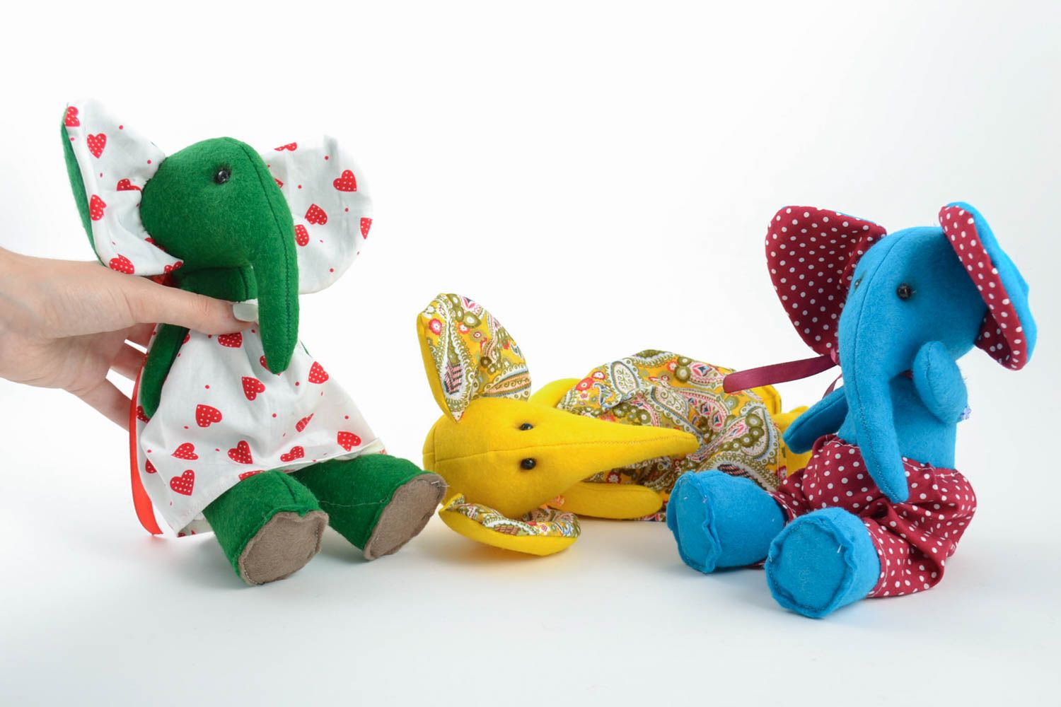 Beautiful handmade felt soft toys set 3 pieces Elephants blue green and yellow photo 4