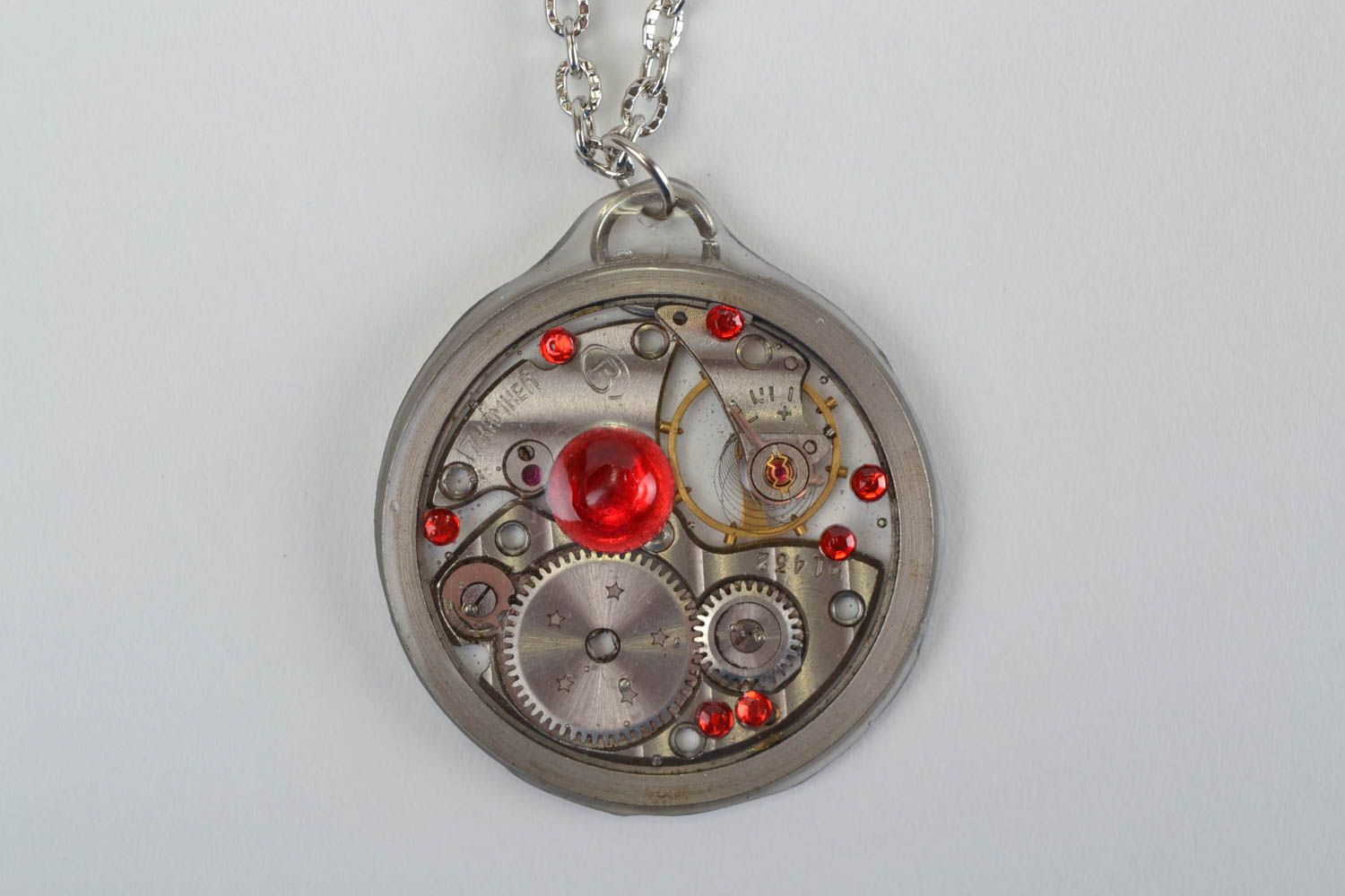 Handmade designer round steampunk pendant with rhinestones on metal chain photo 3