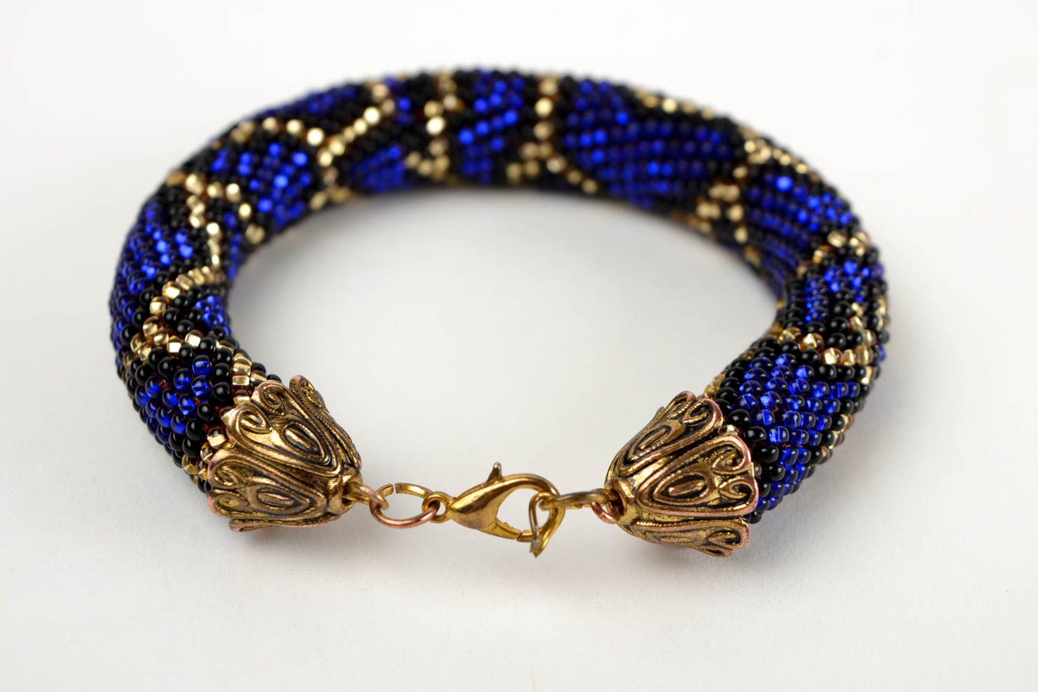 Bracelet perles de rocaille Bijou fait main bleu-doré Cadeau pour femme photo 5