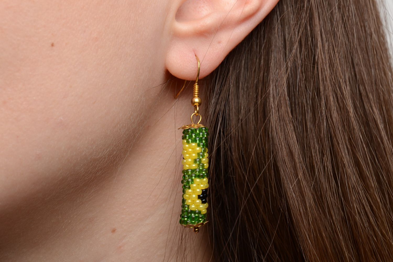 Handmade dangle earrings crocheted of Czech beads in spring color palette photo 2