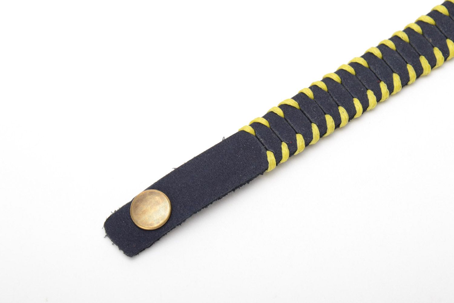 Handmade black genuine leather wrist bracelet with yellow cord and rivets photo 5