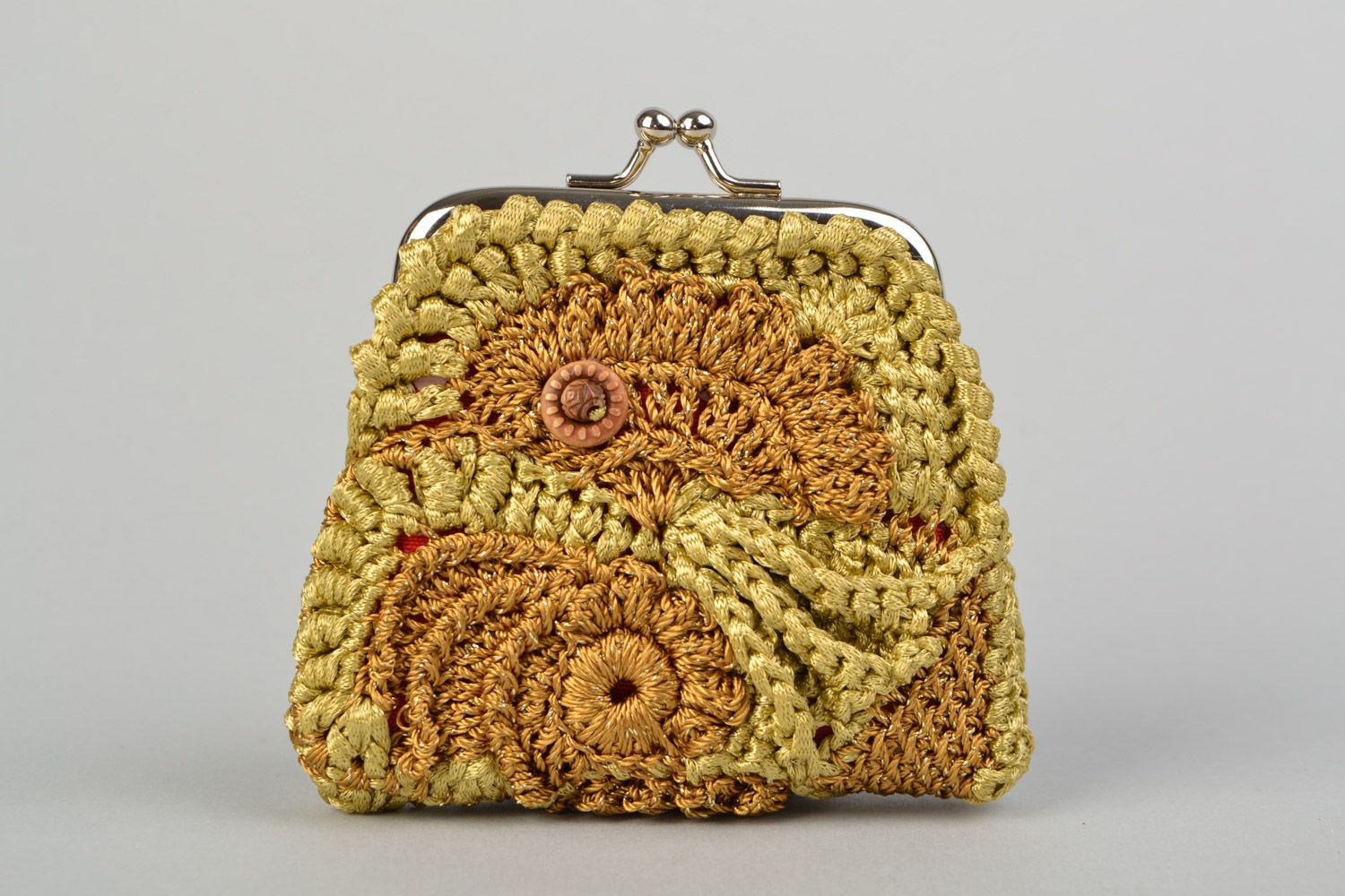 Porte-monnaie à clip tricoté en acrylique au crochet ajouré doré fait main femme photo 3