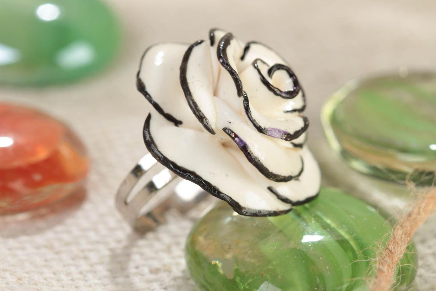 Handmade designer polymer clay floral jewelry ring with white and black rose photo 1