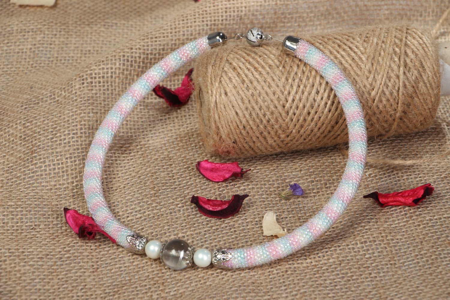 Handmade beaded cord necklace with natural stones photo 5