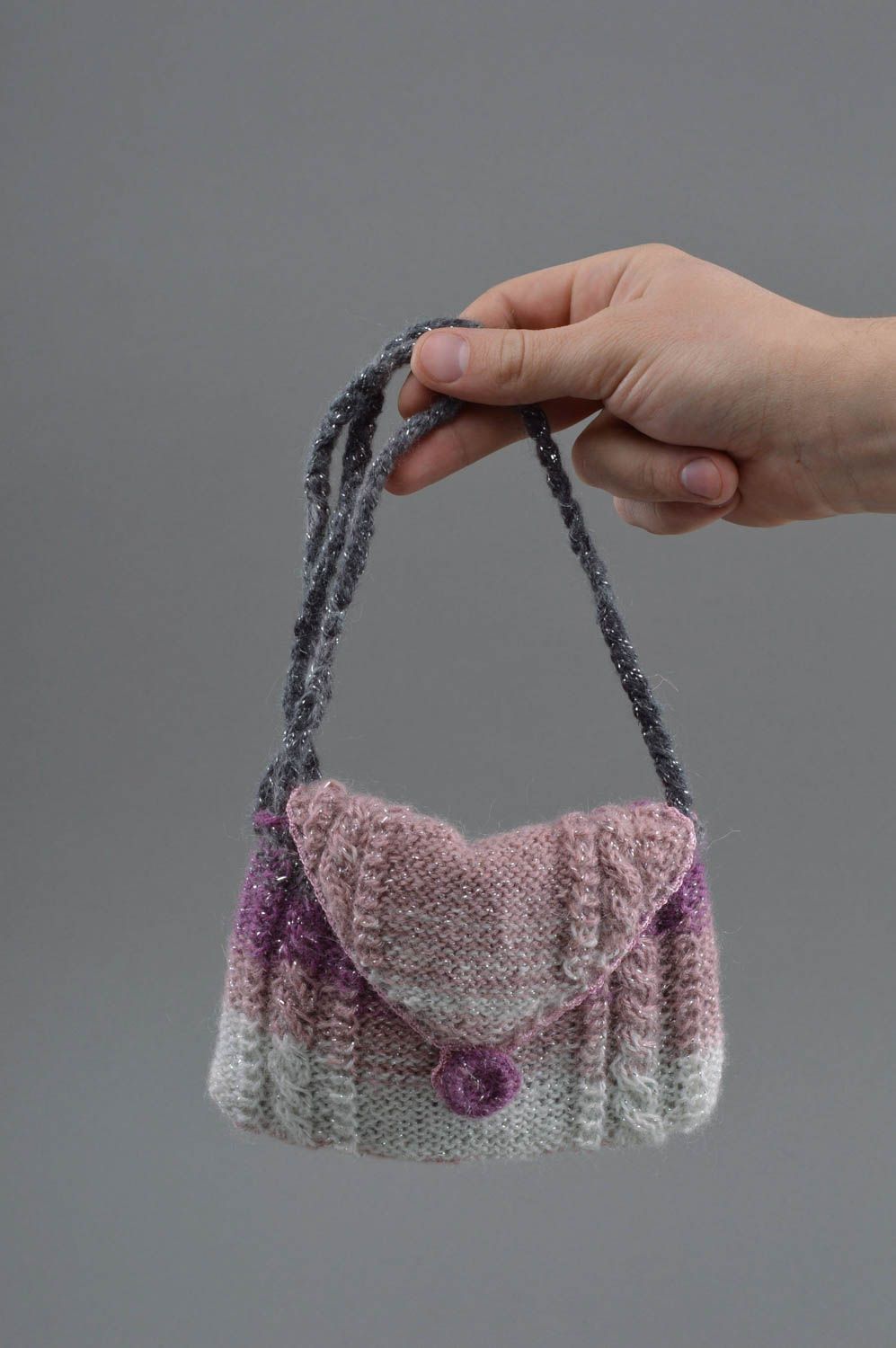 Sac tricoté avec longue poignée fait main rose violet accessoire pour fille photo 4