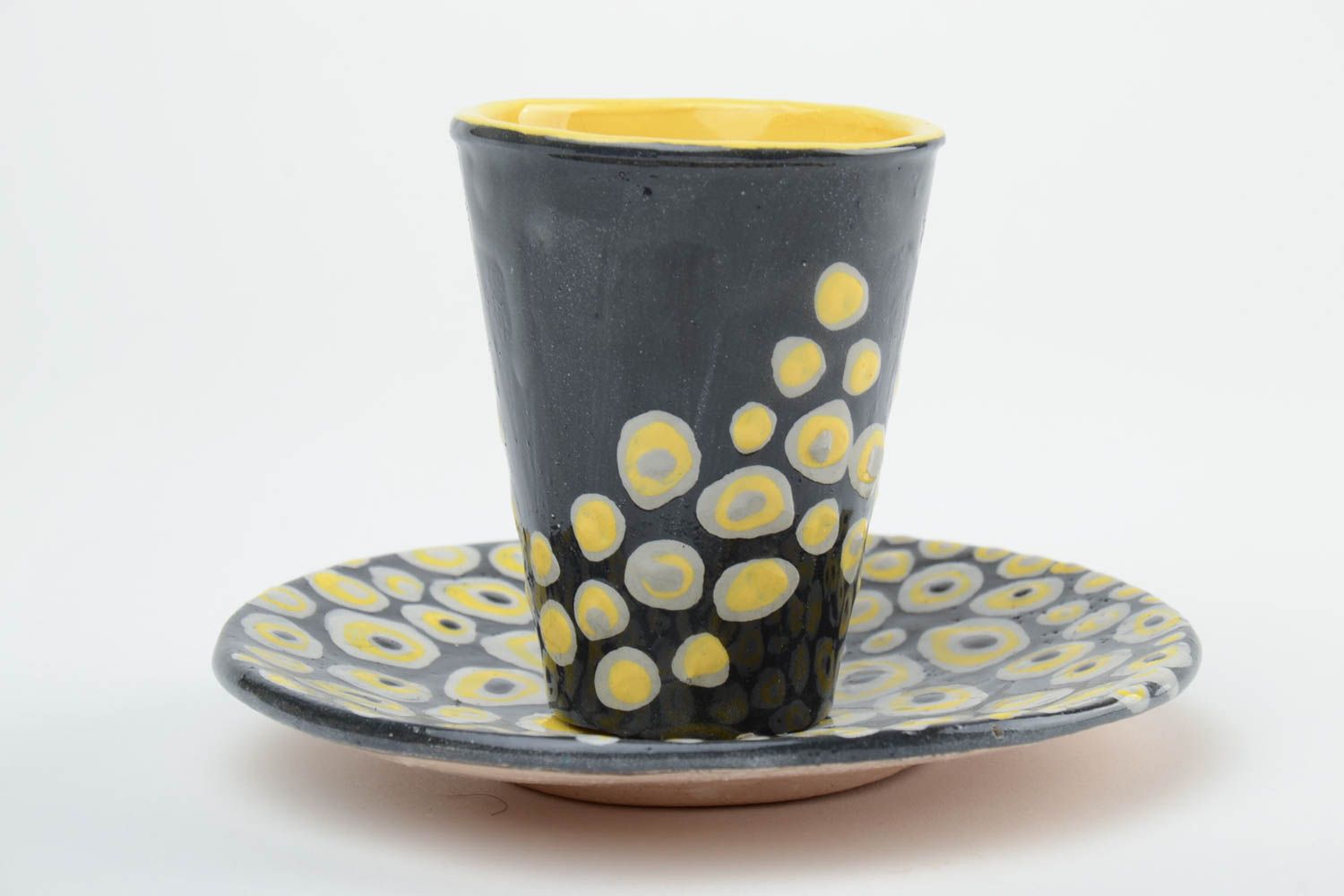 Schwarz weiße Teetasse mit Untertasse Geschirr aus Ton 300 ml Handarbeit foto 4