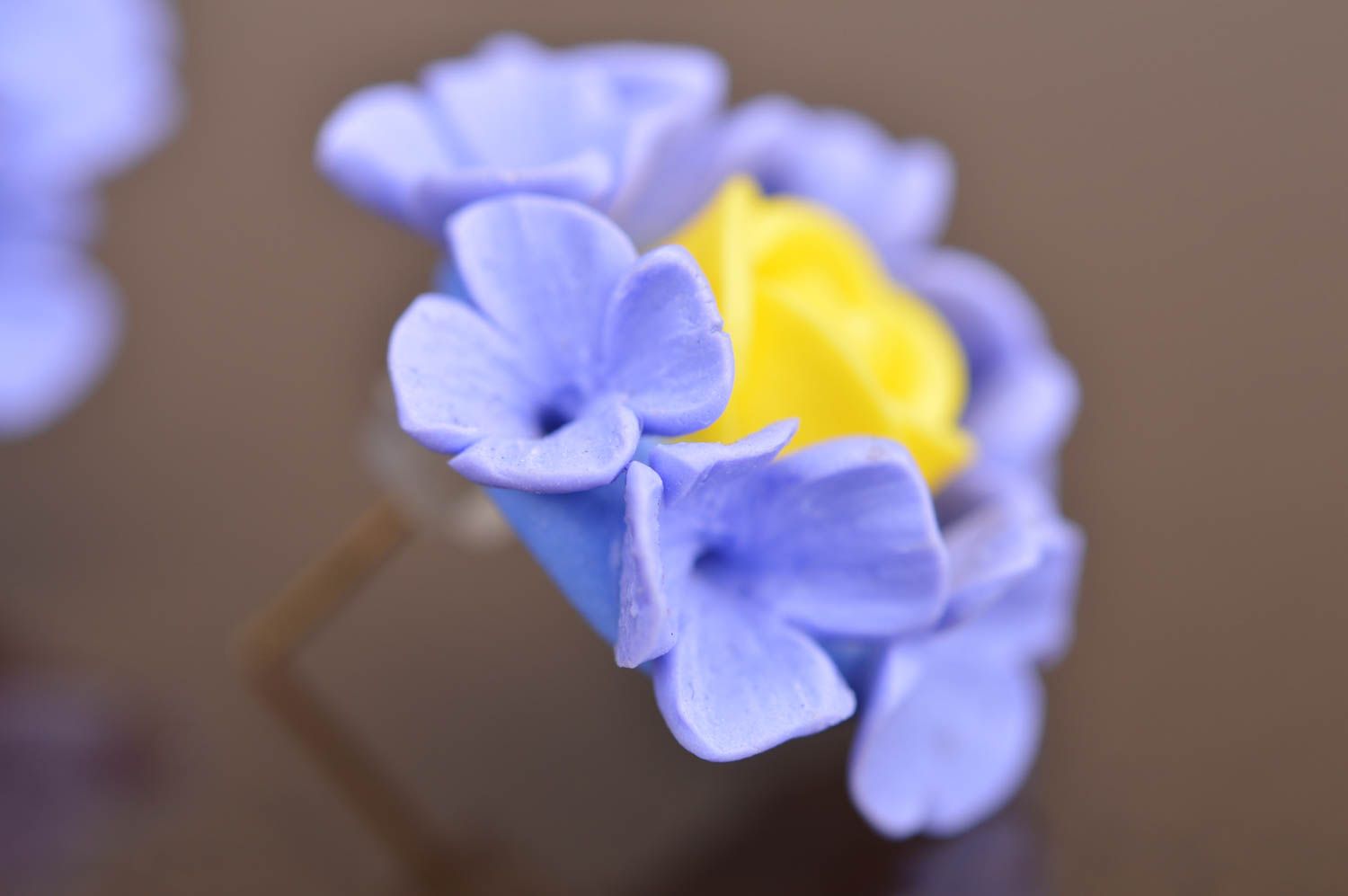 Handmade designer stud earrings with polymer clay violet and yellow flowers photo 5