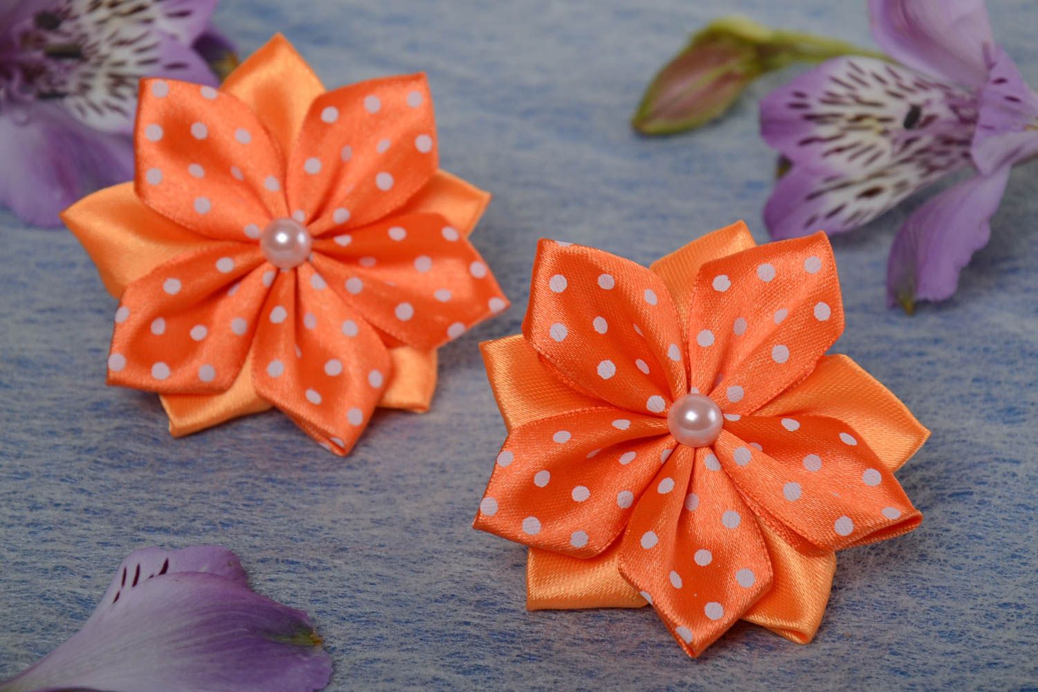 Set of 2 handmade bright hair bands with satin ribbon orange flowers for girls photo 1