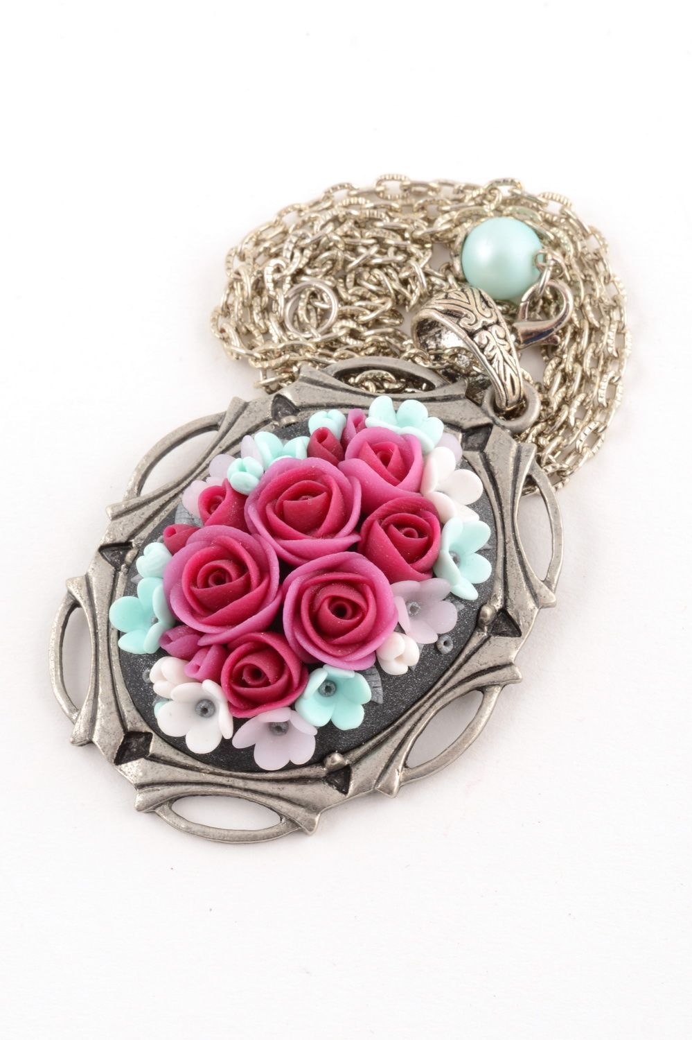 Handmade stylish pendant on chain made of polymer clay with crimson roses photo 4