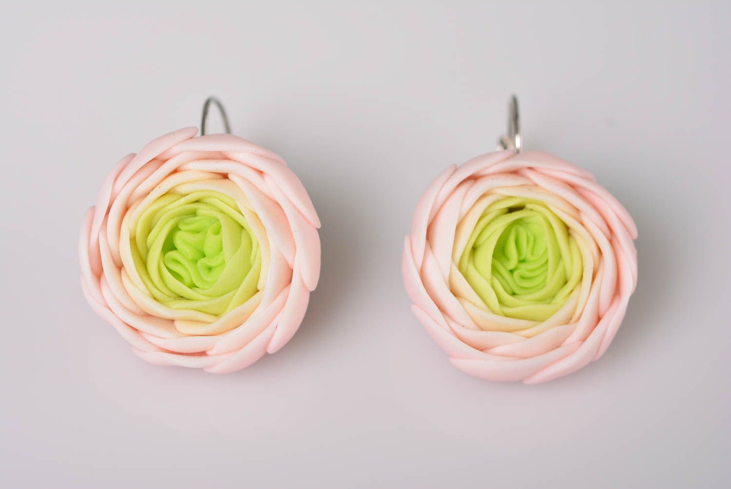 Handmade earrings with flowers made of polymer clay in the form of white buds photo 4
