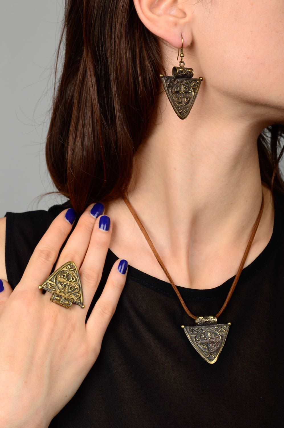 Handmade jewelry set metal ring metal pendant metal earrings small gifts photo 2