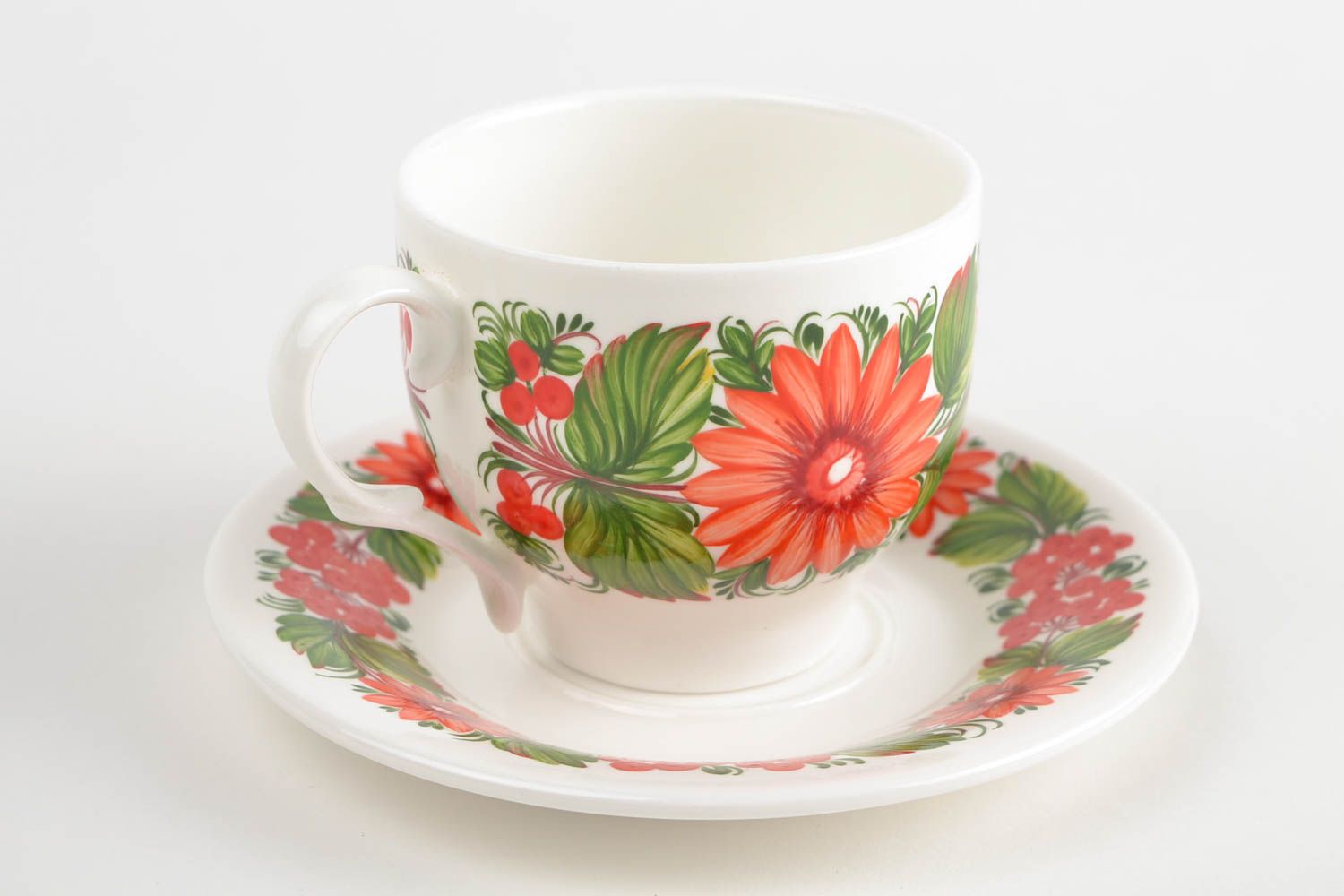 Porcelain 5 oz cup with flower pattern, handle, and saucer photo 4