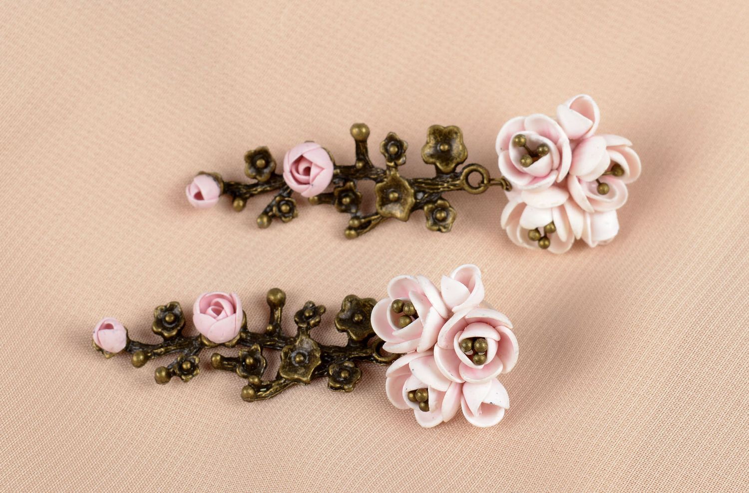 Handmade polymer clay earrings with charms delicate earrings with pink flowers photo 1