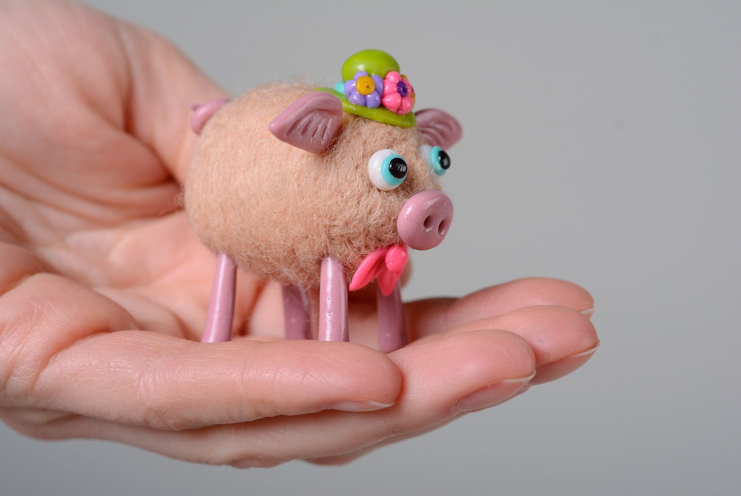Wool felted handmade miniature toy Pig photo 5