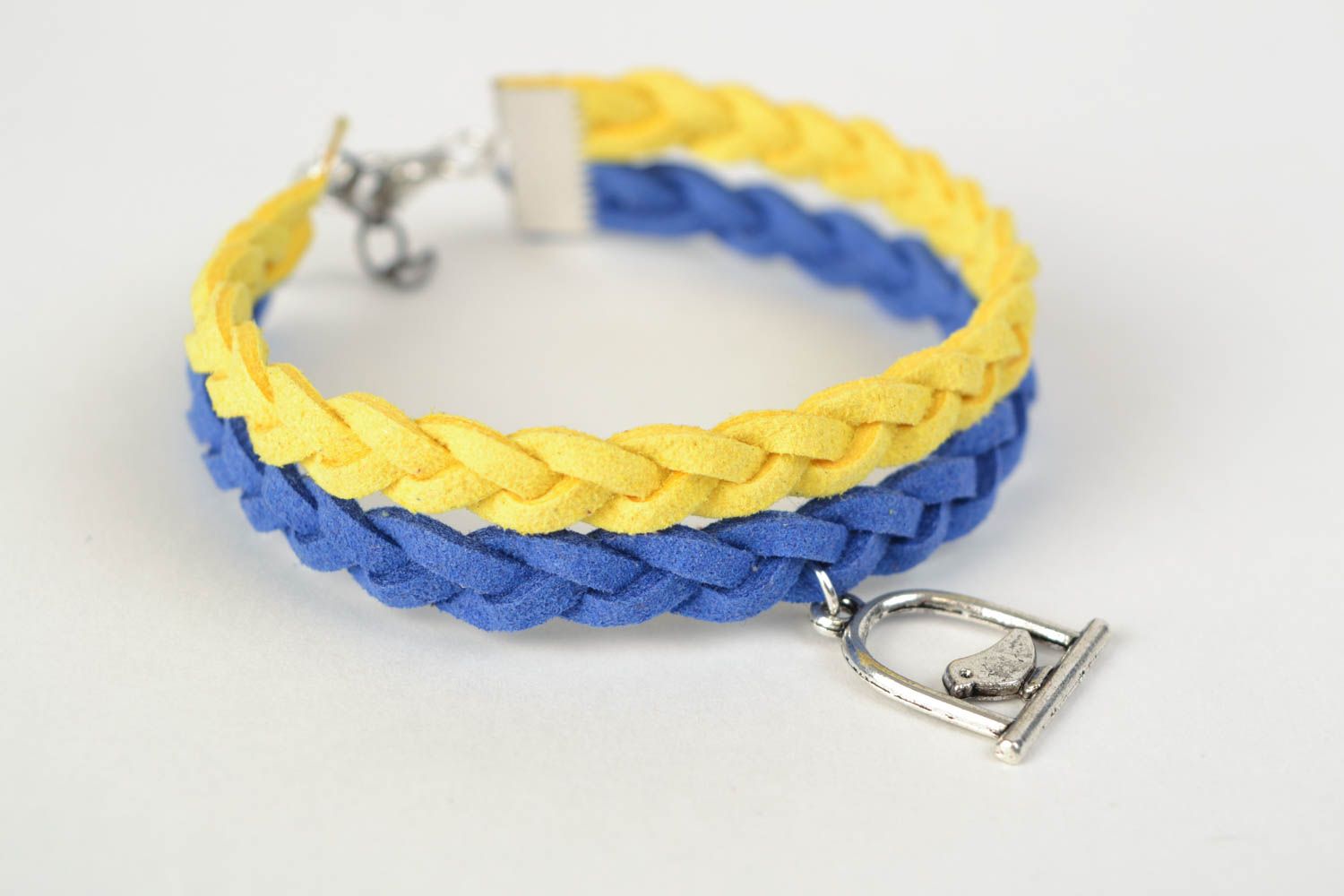 Bright handmade woven suede cord bracelet with bird charm photo 3