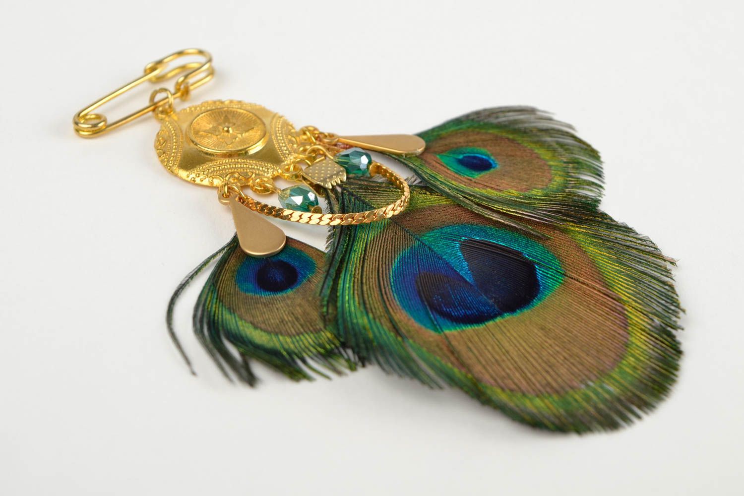 Handmade peacock feather brooch designer unique bijouterie present for woman photo 4