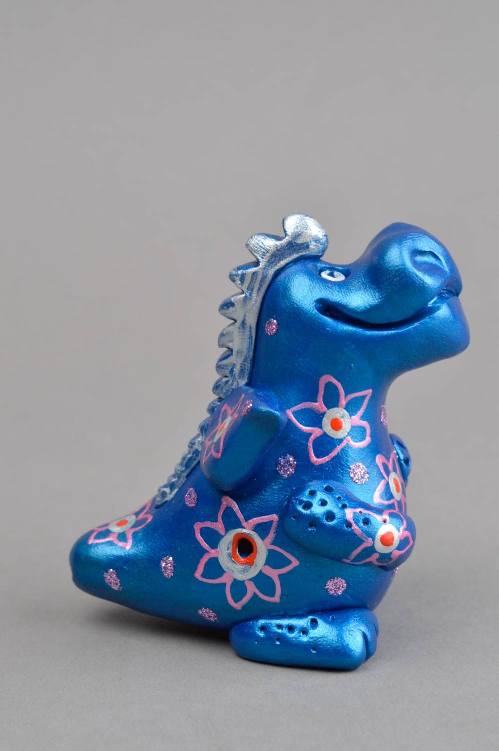 Sifflet jouet fait main Instrument de musique Figurine dragon bleu en argile photo 3