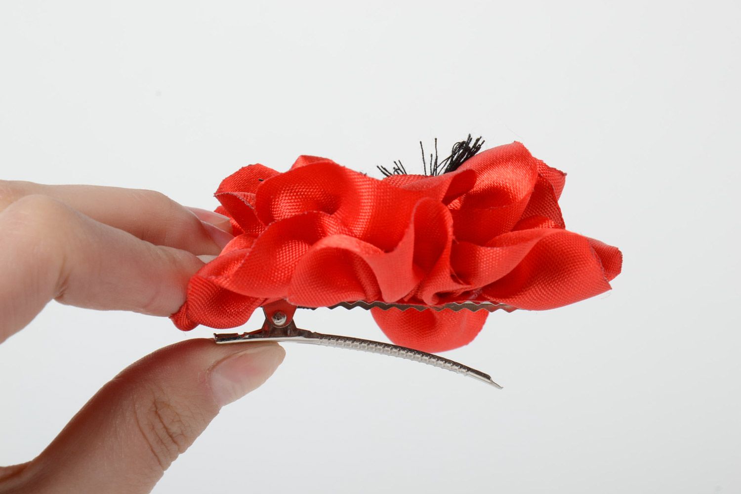 Handmade hair clip with bright red satin poppy flower for passionate girls photo 3