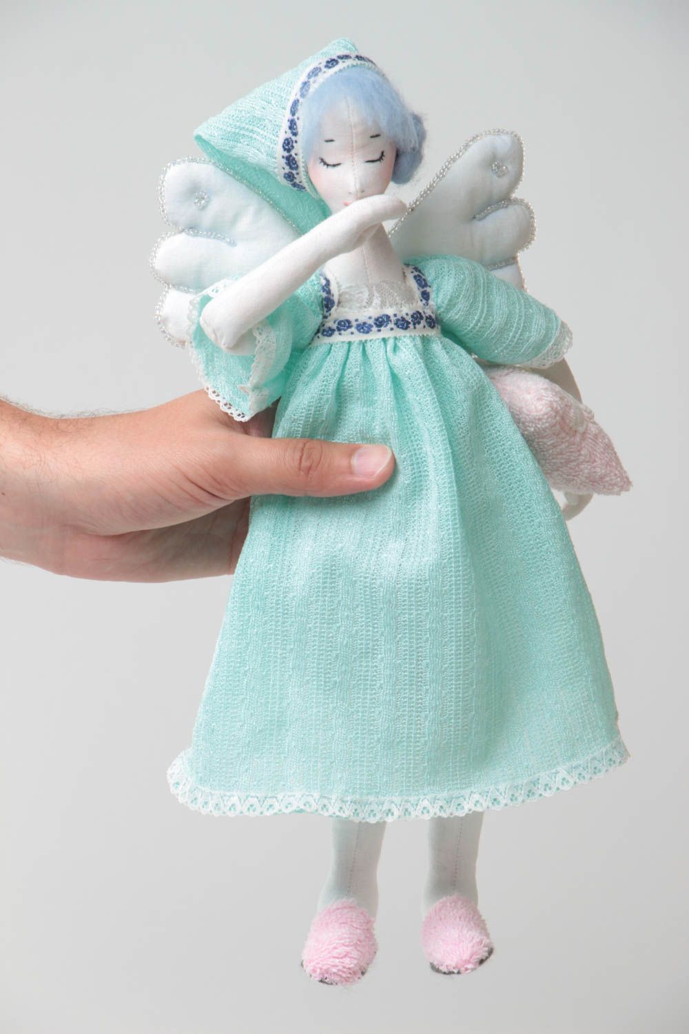 Handmade designer cotton fabric soft toy sleepy angel in blue dress and hat photo 5