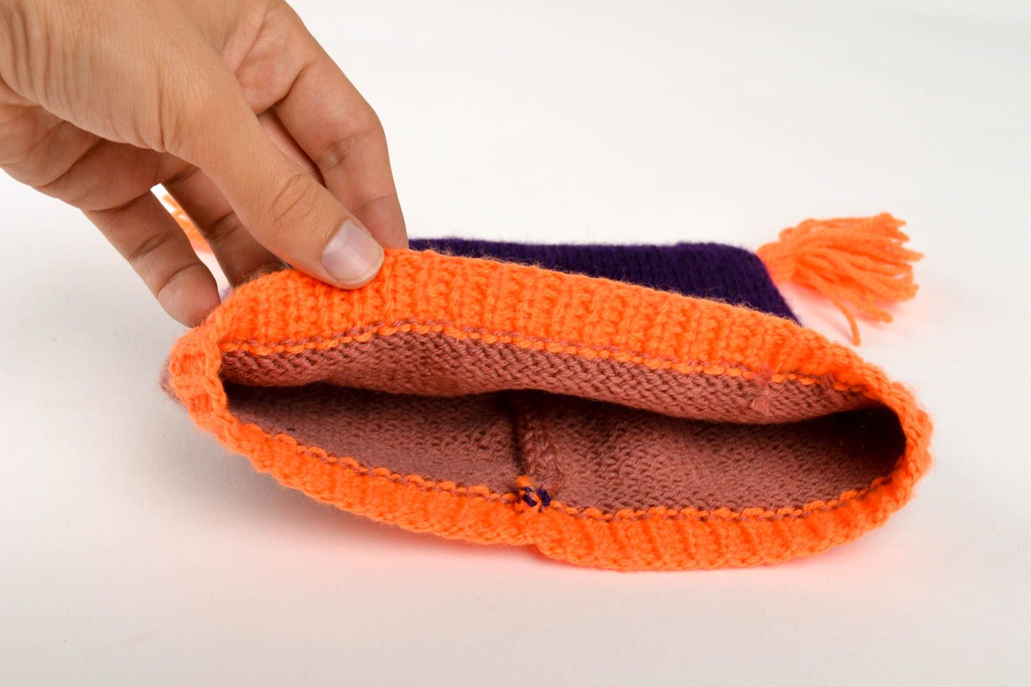 Bonnet tricot Chapeau fait main en laine violet marron orange Vêtement enfant photo 2