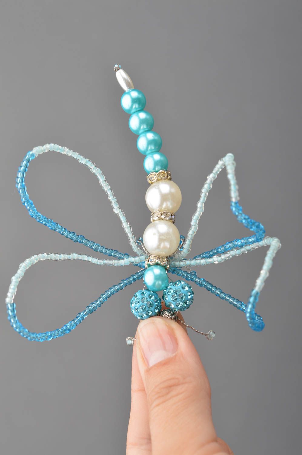 Handmade decorative beadwork wall hanging figurine of white and blue dragonfly photo 5