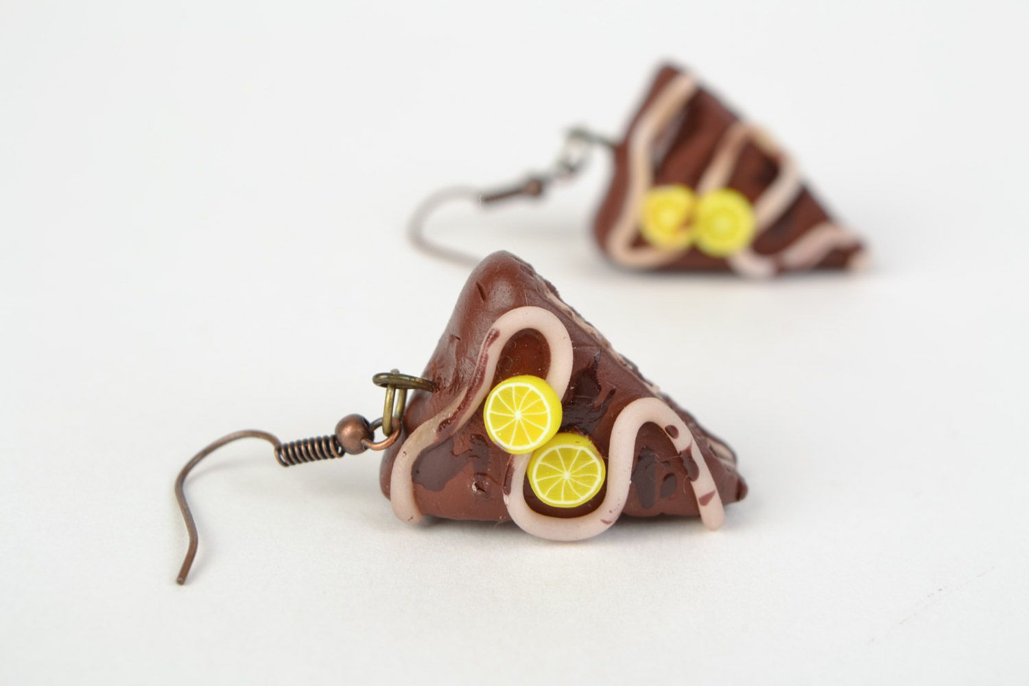Unusual handmade polymer clay dangle earrings in the shape of chocolate cakes photo 1