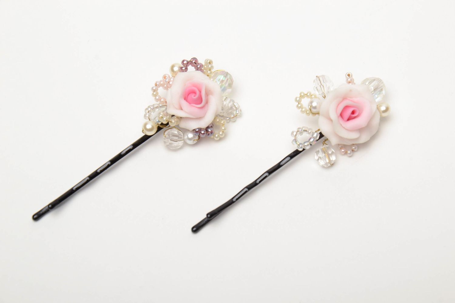 Handmade polymer clay flower hairpins with beads photo 2