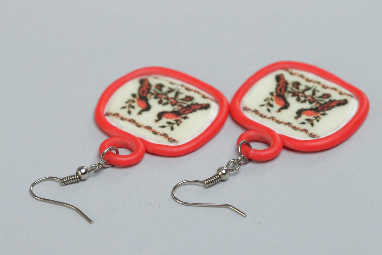 Handmade polymer clay square dangling earrings with pattern in ethnic style photo 4