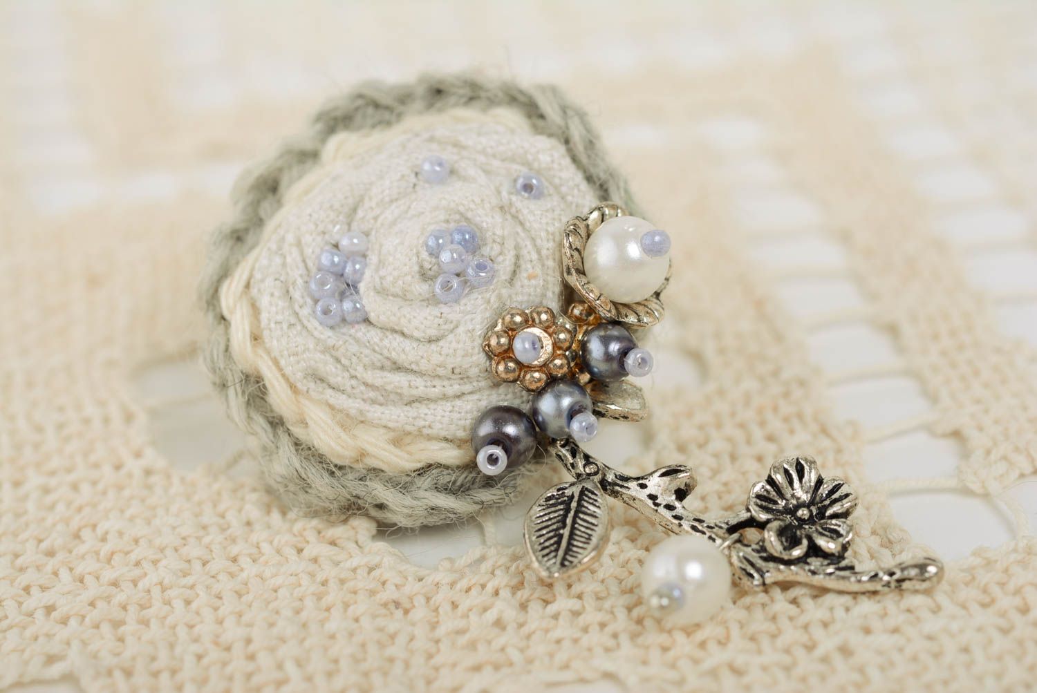 Handmade tender light crochet designer brooch with seed beads and metal charm photo 1