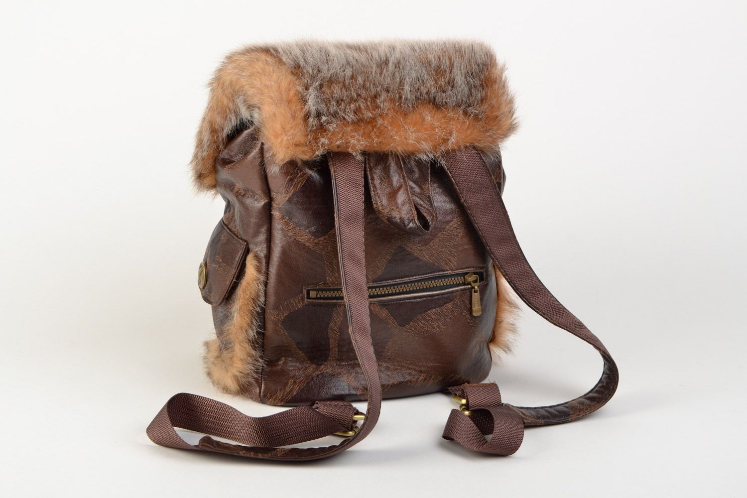 Handmade female backpack with artificial fur and brown leatherette photo 3