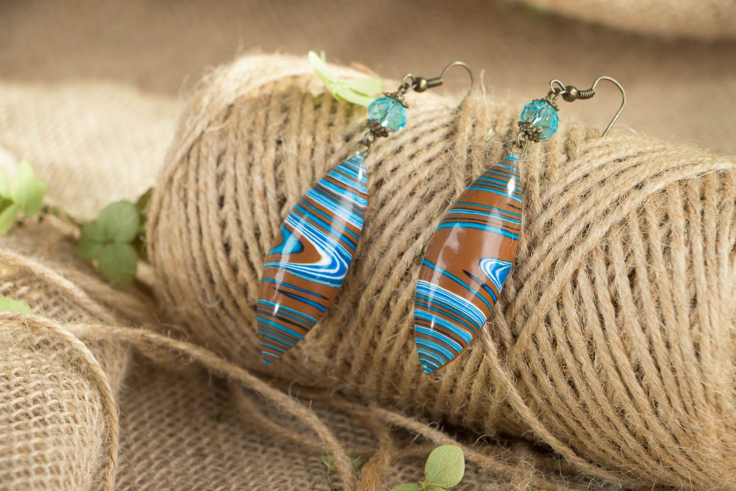 Polymer clay earrings Brown and Blue photo 3