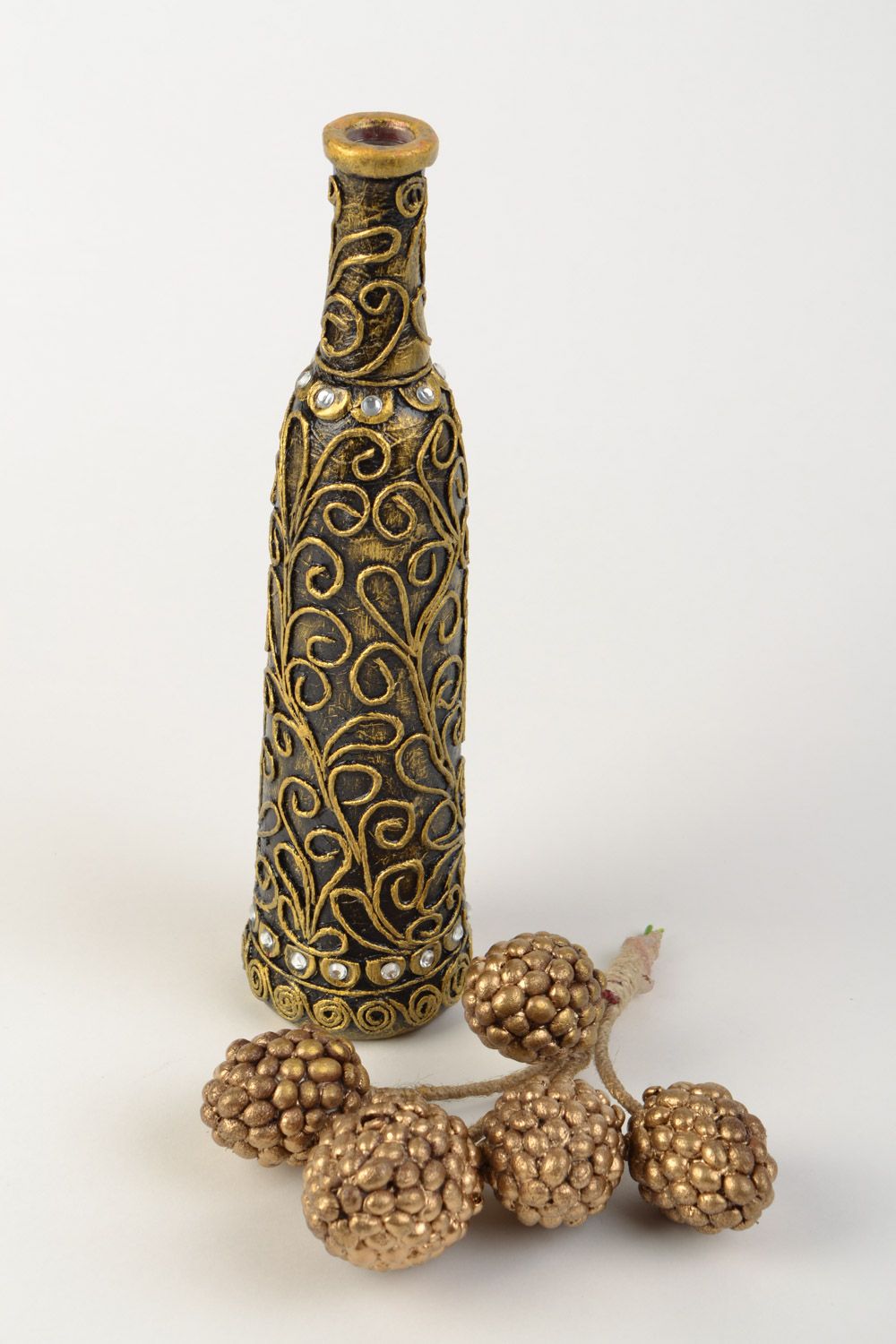 Handmade decorative brown pape art glass bottle with cones photo 4