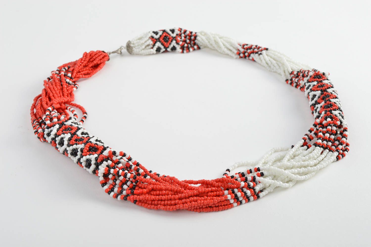Handmade massive women's red and white beaded cord necklace with ethnic ornament photo 3