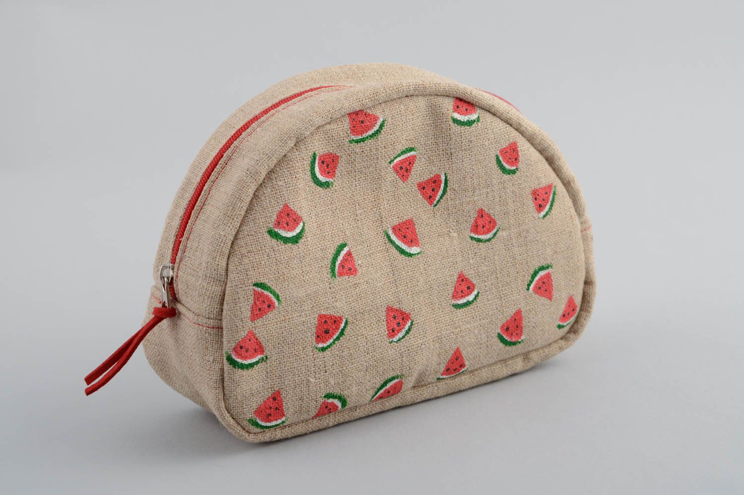 Handmade designer sailcloth semi round cosmetics bag with water melons pattern photo 5