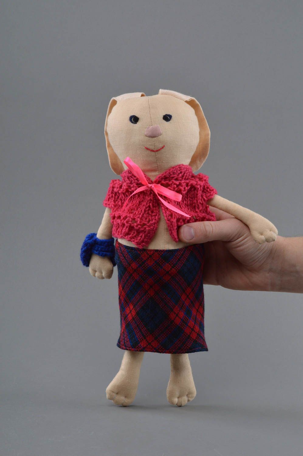 Small handmade children's fabric soft toy bunny in checkered skirt photo 4