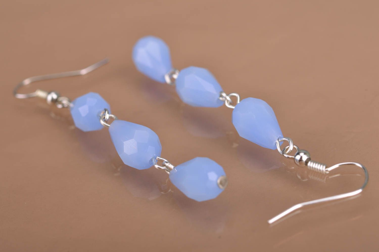 Designer handmade long dangle earrings with crystals in blue color palette photo 5