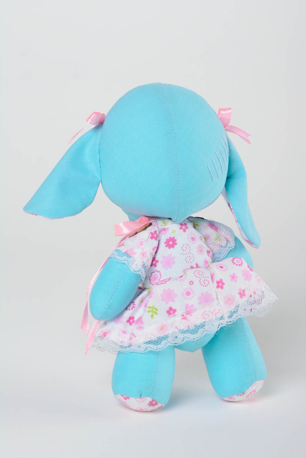 Handmade small cotton fabric soft toy blue elephant girl in floral dress photo 4