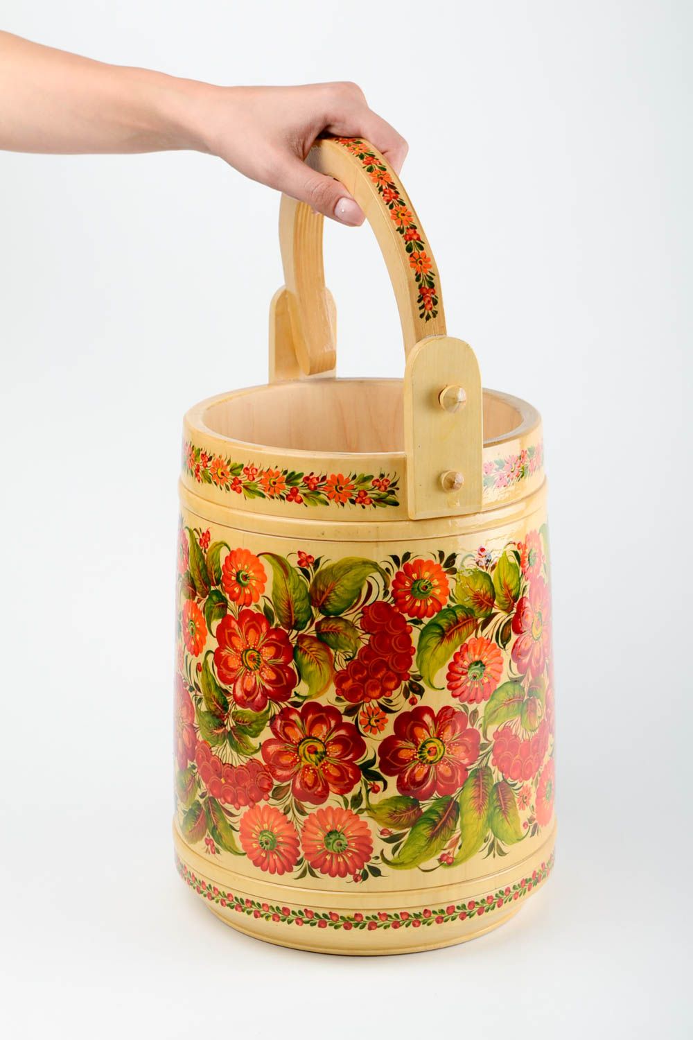 Handmade wooden bucket folk art painting sauna accessories housewarming gifts  photo 2
