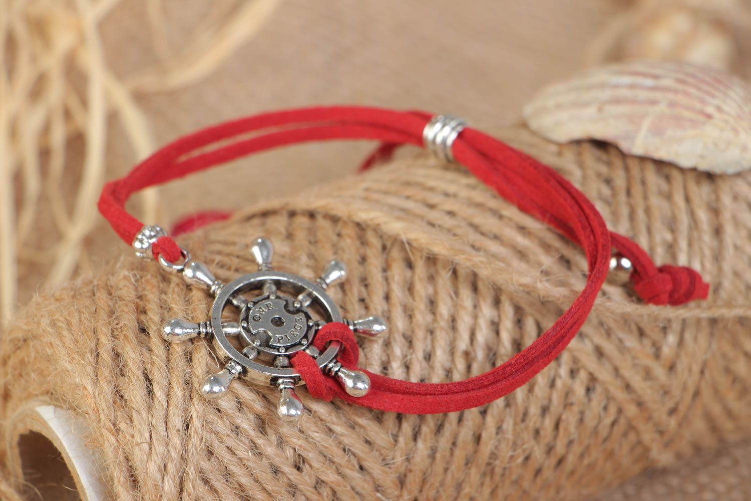 Unusual beautiful handmade woven artificial suede cord bracelet with charms in marine style photo 1