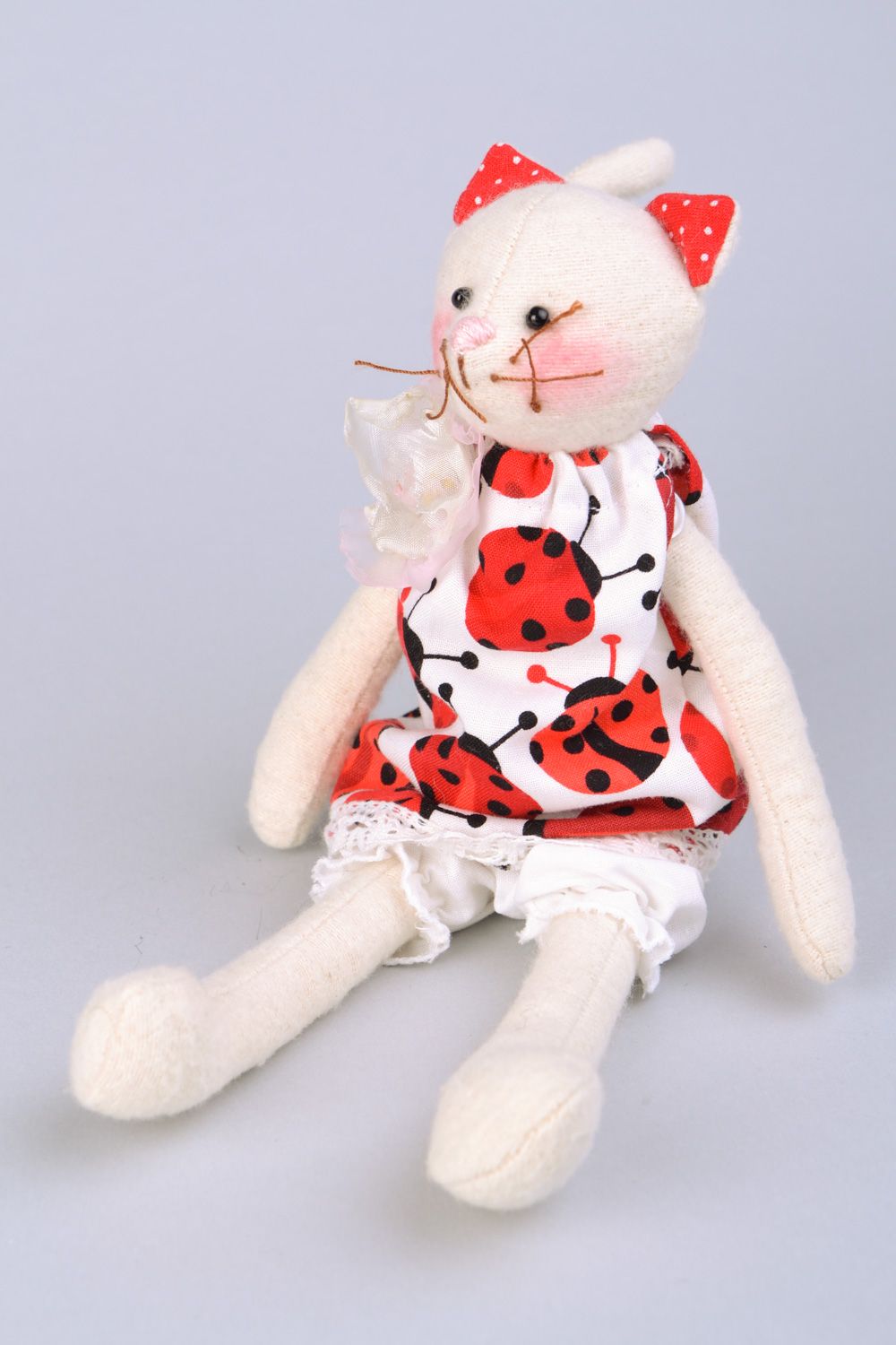 Set of handmade designer fabric soft toys cats Polka Dot and Ladybird for kids photo 4