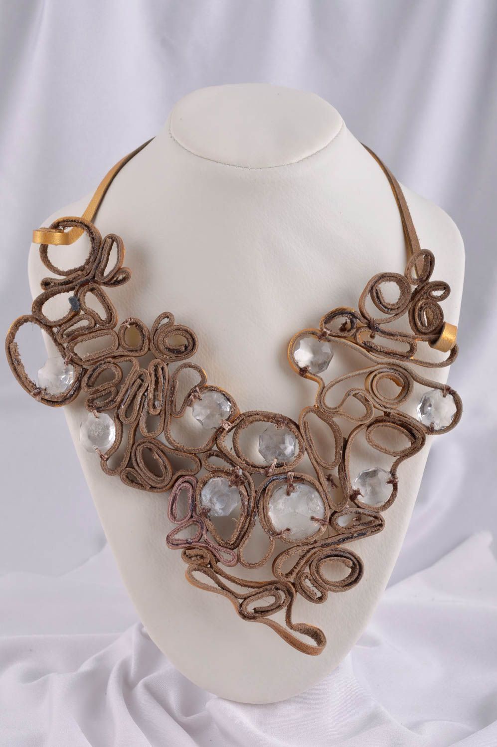 Leather necklace with crystals handmade necklace designer jewelry leather goods photo 1