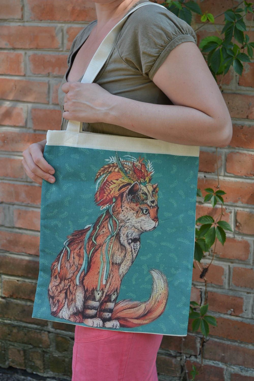 Handmade designer women's bag sewn of fabric with bright print of ginger cat photo 1