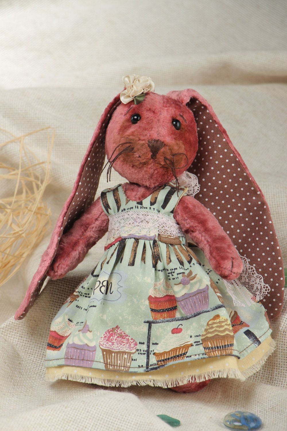 Handmade vintage soft toy sewn of red plush in the shape of cute rabbit photo 1